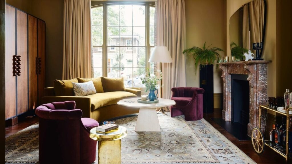 Top interior design trends for 2026 featuring warm colors, natural materials, curved furniture, and cozy decor.